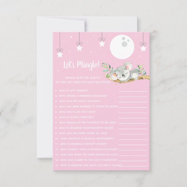 Schlafen Koala Baby Shower Game Let's Mingle! Invi Einladung (Vorderseite)