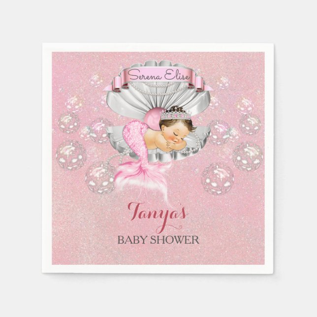 Schlafen Mermaid Baby Girl Pink Muschel Perlen Serviette (Vorderseite)