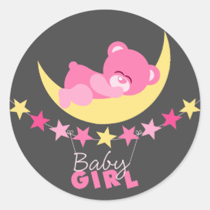 Schlafen Pink Girl Teddy Bear auf Mond Babydusche Runder Aufkleber