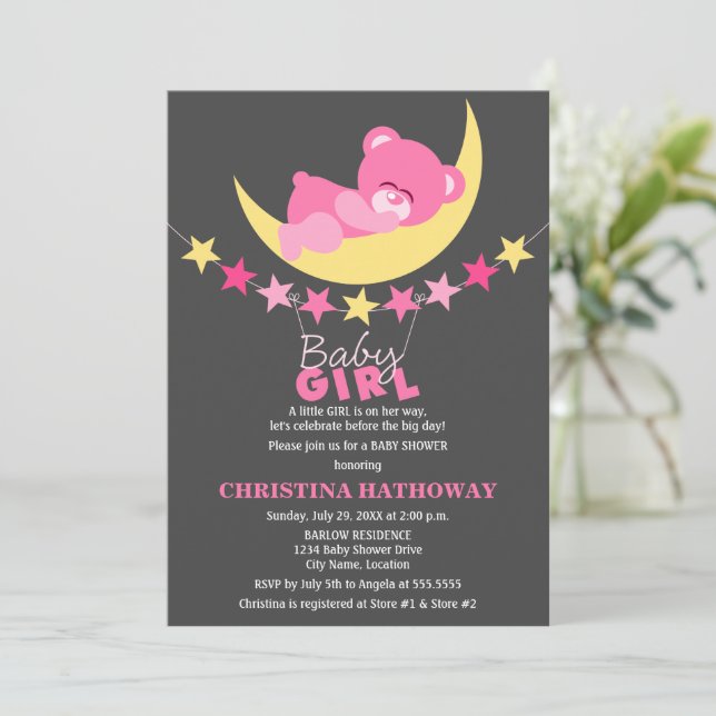 Schlafen Pink Girl Teddy Bear auf Moon Baby Dusche Einladung (Stehend Vorderseite)