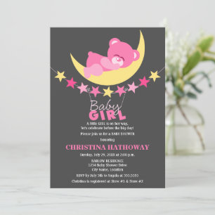 Schlafen Pink Girl Teddy Bear auf Moon Baby Dusche Einladung