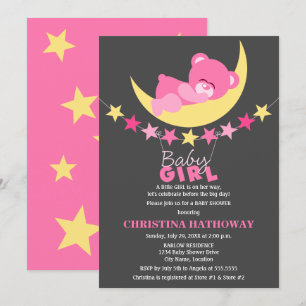 Schlafen Pink Girl Teddy Bear auf Moon Baby Dusche Einladung