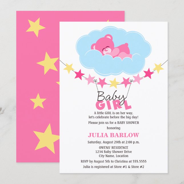 Schlafen Pink Girl Teddy Bear in Cloud Baby Dusche Einladung (Vorne/Hinten)