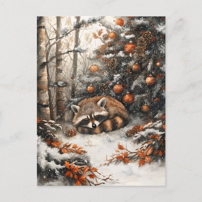 Schlafen Raccoon Whimsitic Rustikale Weihnachten Postkarte (Vorderseite)