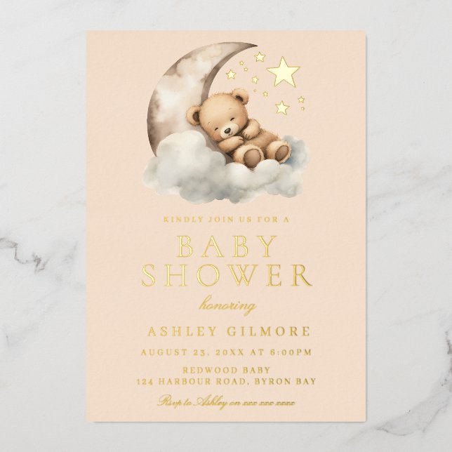 Schlafen Teddy Bär auf dem Mond Baby Dusche Gold Folieneinladung (Vorderseite)