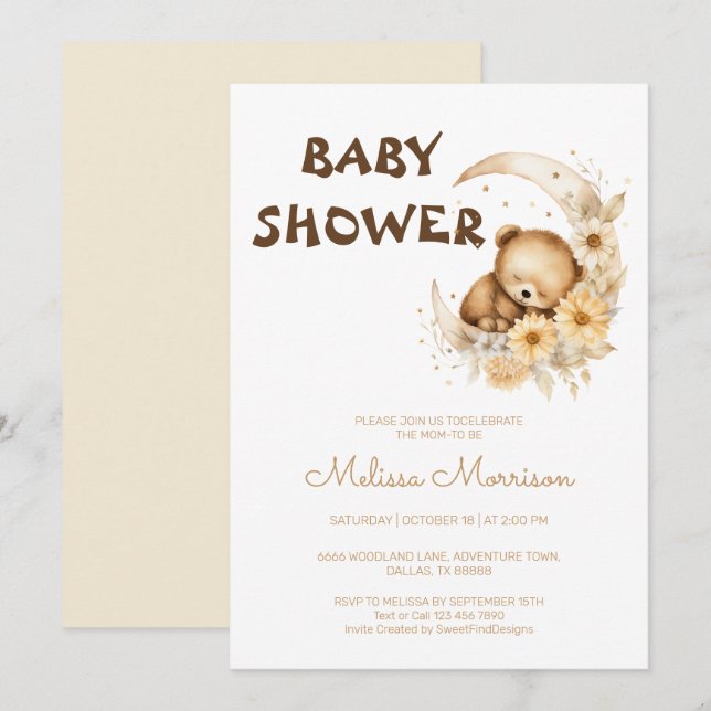 Schlafen Teddy Bear auf Moon Baby Dusche Einladung (Vorne/Hinten)
