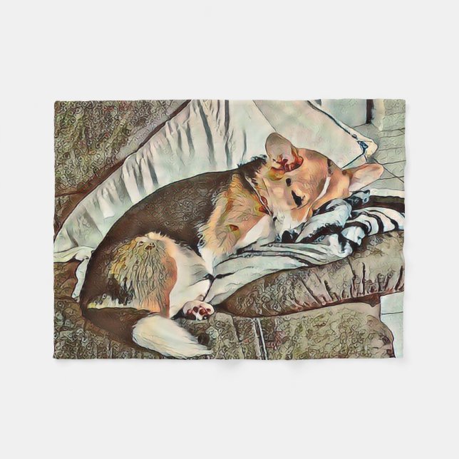 Schlafen Walisischer Corgi auf Couch Fleecedecke (Vorderseite (Horizontal))