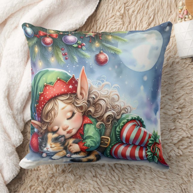 Schlafen Weihnachten Elf mit Calico Kitten Kissen (Decke)