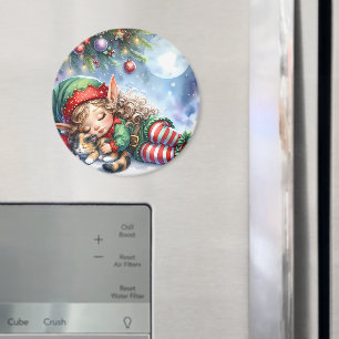 Schlafen Weihnachten Elf mit Calico Kitten Magnet