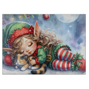 Schlafen Weihnachten Elf mit Calico Kitten Schneidebrett