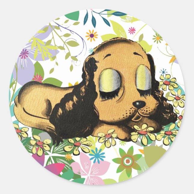 Schlafen Welpe Dog Cartoon Tiere Art Runder Aufkleber (Vorderseite)