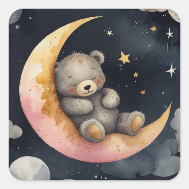 Schläfenbär auf dem Mond Quadratischer Aufkleber (Vorderseite)