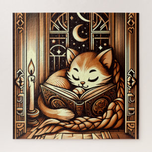 Schlafende Art Deco Stil Katze mit einem Buch