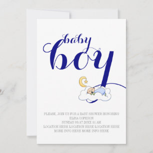 Schlafende Baby-Dusche in blau, weißer Text Einladung