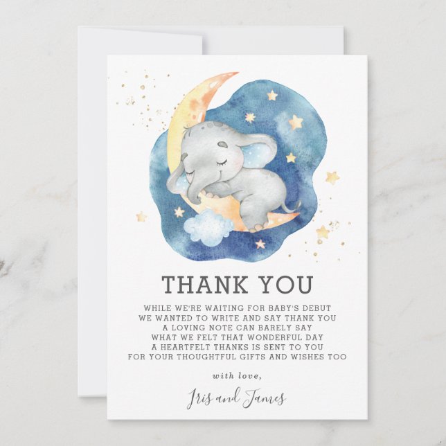 Schlafende Baby Elephant Twinkle Star Duschjunge Dankeskarte (Vorderseite)