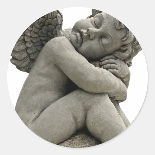 Schlafende Cherub Engel Skulptur rund Sticker. Runder Aufkleber (Vorderseite)