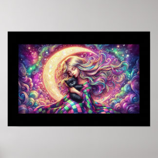 Schlafende Crescent Mond Girl mit schwarzer Katze Poster