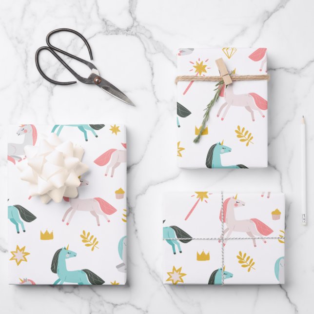 Schlafende Einhorn-Zauberstab Aquamarin Geschenkpapier Set (Vorderseite)