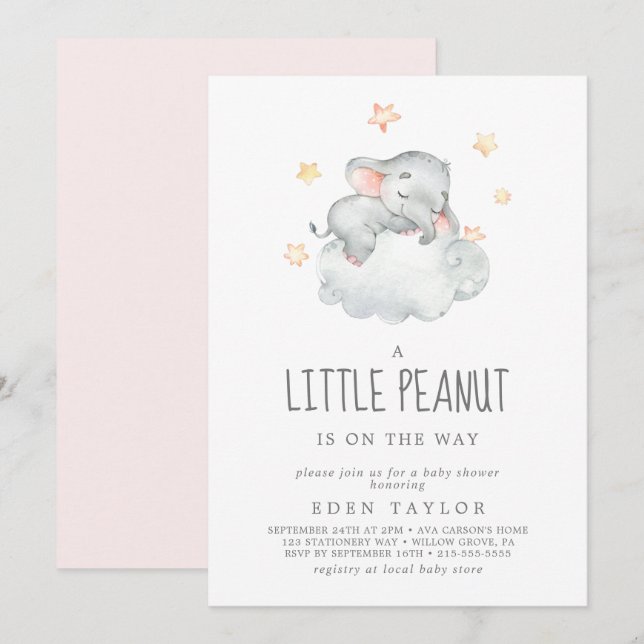 Schlafende Elephant Girl Little Peanut Baby Dusche Einladung (Vorne/Hinten)