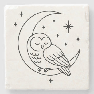 Schlafende Eule auf zunehmendem Mond Linienkunst Steinuntersetzer