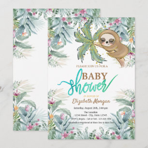 Schlafende Faultier-Tropenblumen-Blatt-Baby-Party Einladung