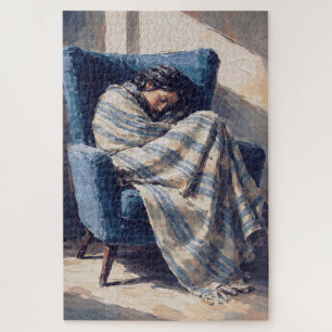 Schlafende Frau im Sessel Kuscheldecke Impasto