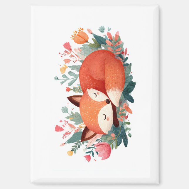 Schlafende Fuchs-Blumen-Süße-Illustration Magnet (Vorderseite)