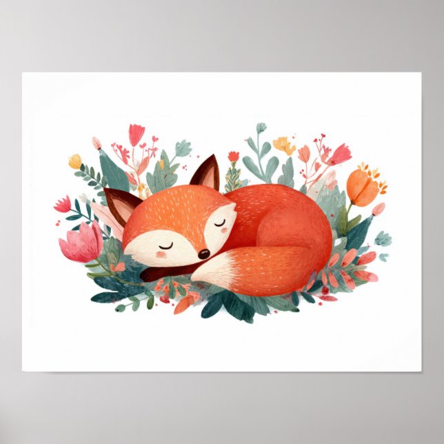 Schlafende Fuchs-Blumen-Süße-Illustration Poster (Vorne)