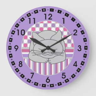 Schlafende graue Katze Gemustert Oval Large Clock Große Wanduhr