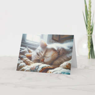 Schlafende Katze auf alter Steppdecke zum Geburtst Karte