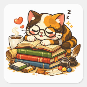 Schlafende Katze auf Büchern Cozy Buchliebhaber- Quadratischer Aufkleber