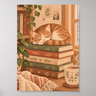 Schlafende Katze auf Büchern Gemütliche Leseecke I Poster