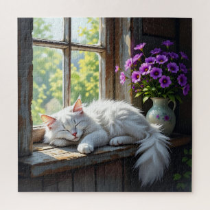 Schlafende Katze auf der Fensterbank   Lila Blumen