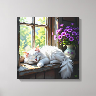 Schlafende Katze auf der Fensterbank   Lila Blumen Leinwanddruck