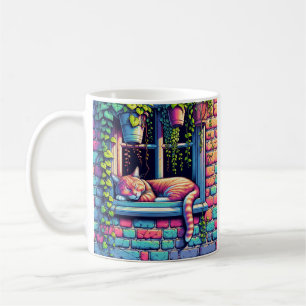 Schlafende Katze auf Fenstersims Ai-Kunst Kaffeetasse