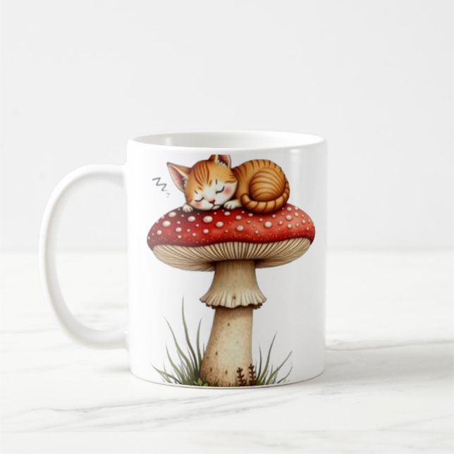 Schlafende Katze auf Pilz Kaffeetasse (Links)
