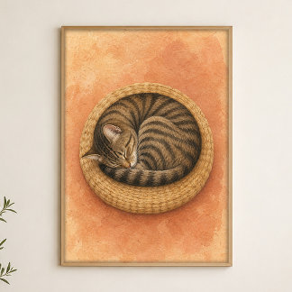 Schlafende Katze Curl Wasserfarbe Whimsical Art Po Poster