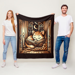 Schlafende Katze im Art Deco-Stil mit einem Buch Fleecedecke