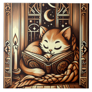 Schlafende Katze im Art Deco-Stil mit einem Buch Fliese