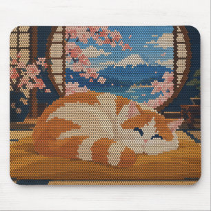 Schlafende Katze Mount Fuji Kirschblüten Pixel Art Mousepad