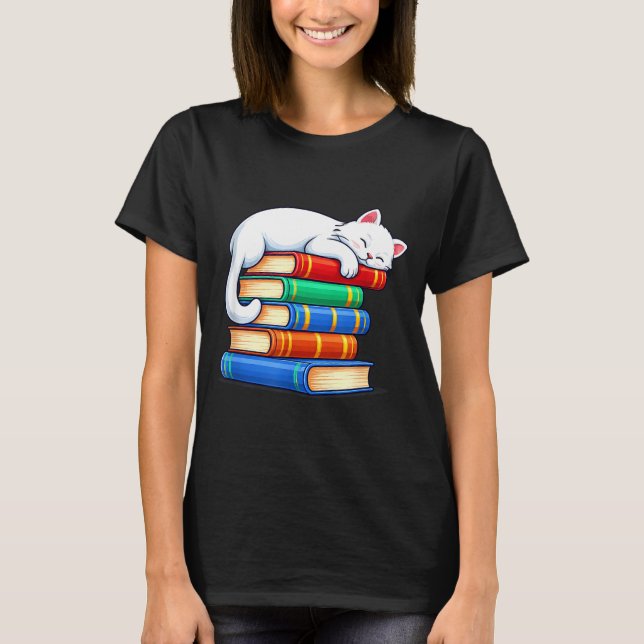 Schlafende Katze und Bücher süß lustig gemütlich B T-Shirt (Vorderseite)