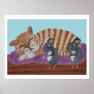 Schlafende Katze und hinterlistige Mäuse Poster