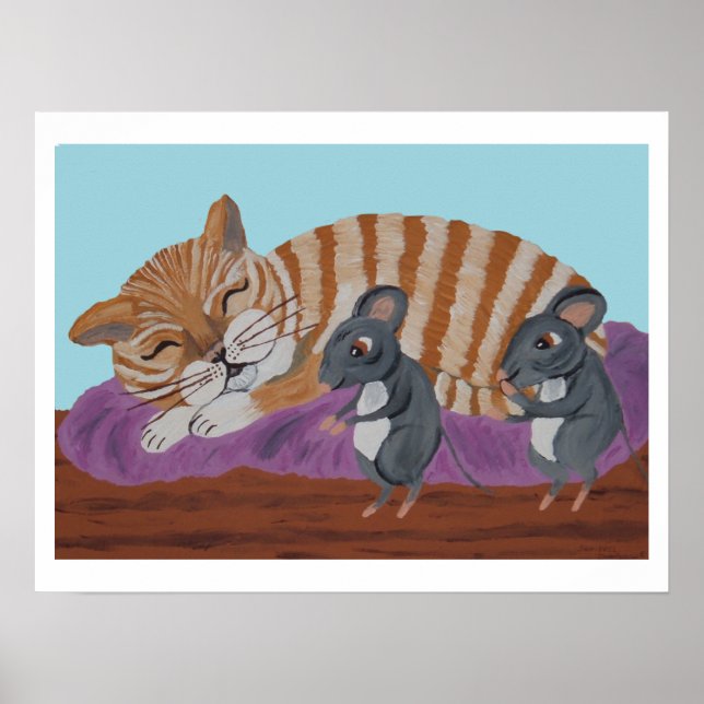 Schlafende Katze und hinterlistige Mäuse Poster (Vorne)
