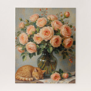 Schlafende Katze und Rosen