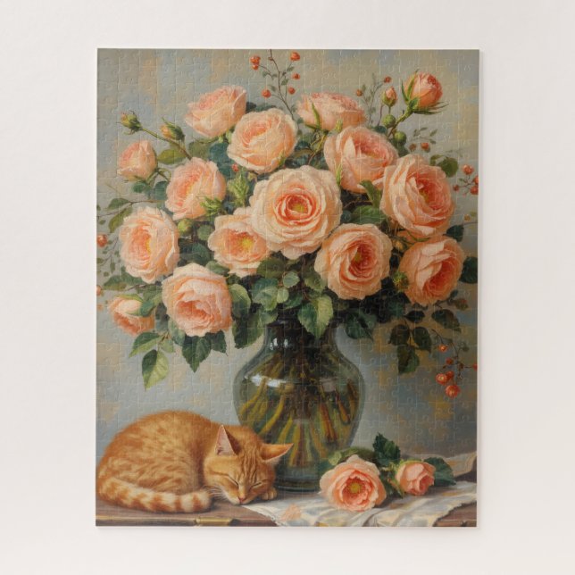 Schlafende Katze und Rosen (Vertikal)