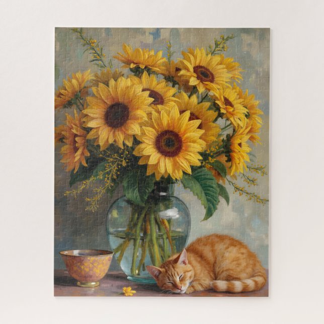 Schlafende Katze und Sonnenblumen (Vertikal)