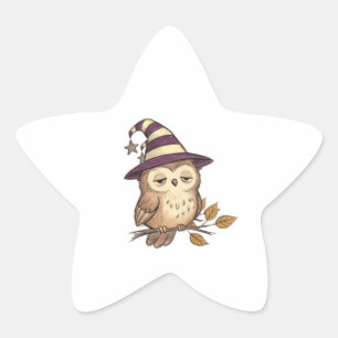 Schlafende Nachteule in lila Hexenhut Halloween-Ko Stern-Aufkleber