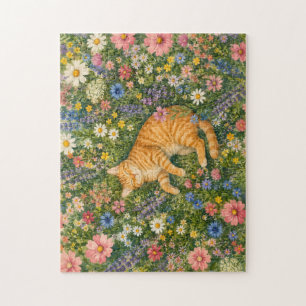 Schlafende orange Katze in Wildblumen Puzzle Was