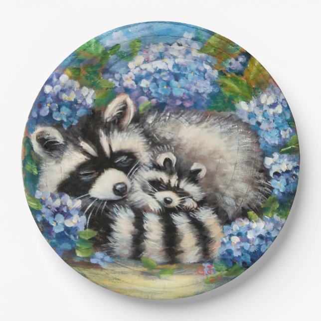 Schlafende Raccoon Mama & Baby Paper Teller (Vorderseite)