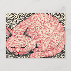 Schlafende rosa Katzenillustration - Surrealer Tin Postkarte